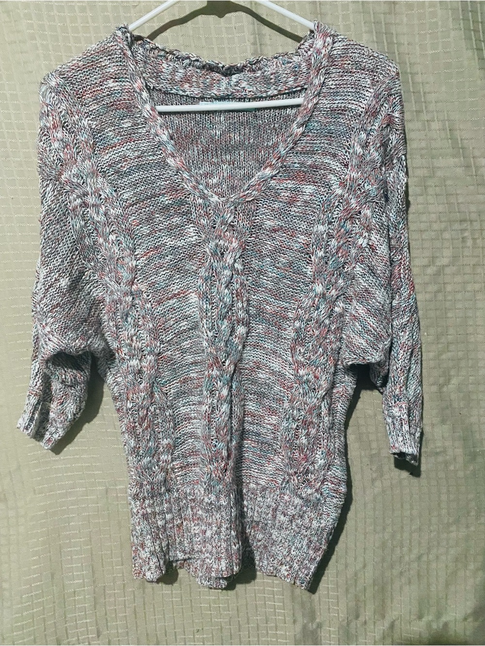Maurices Cable-Knit V-Neck Sweater in maroon, mint & cream